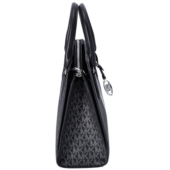 Michael Kors Sheila Medium Satchel Signature Logo MK Metallic Satchel Black - Picture 2 of 4